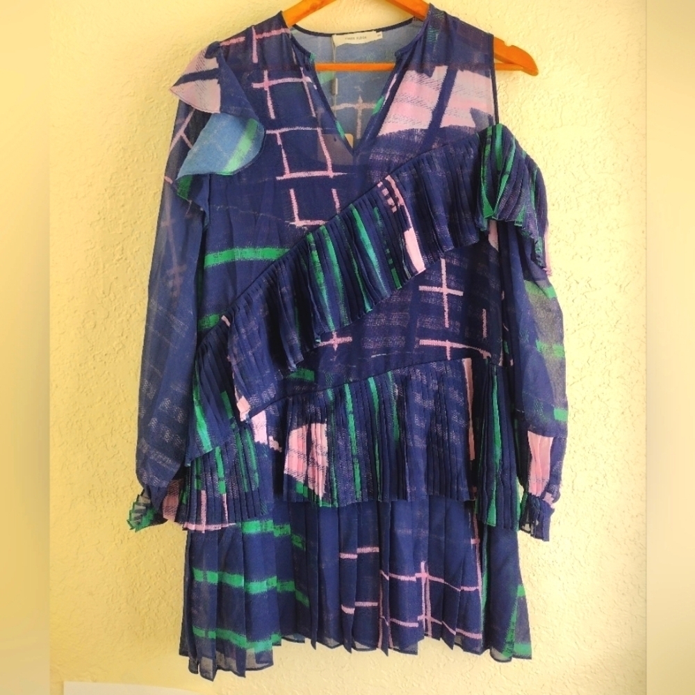 Three Floor Tiered Pleated Mini Dress Cold Shoulder Ruffle Geometric Print Party - Picture 2 of 8
